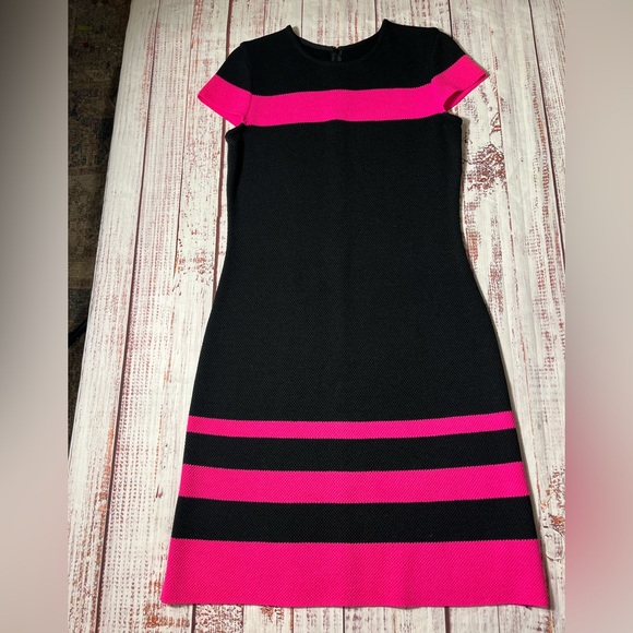 St. John Black and Hot Pink Color Block Santana Knit Wool BlendMidi Sheath